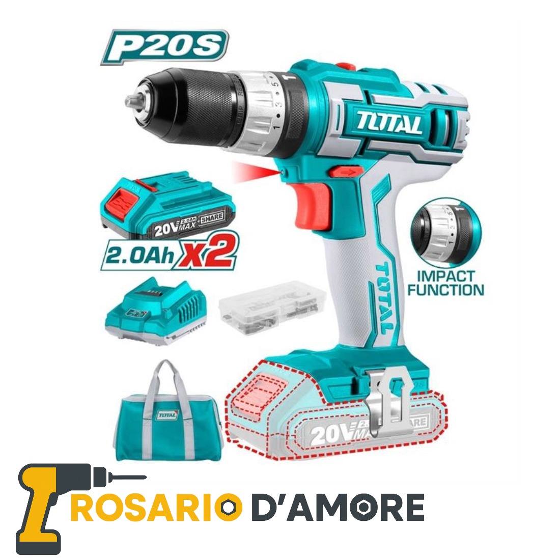Trapano Avvitatore a Percussione 20V 45Nm con 2 Batterie 2.0Ah e 50 Accessori | Rosario D’Amore